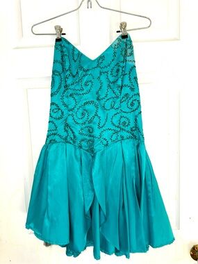 Vintage Gunne Sax Strapless Teal Glitter Cocktail/Prom Dress w/Big Bow - Jr 13